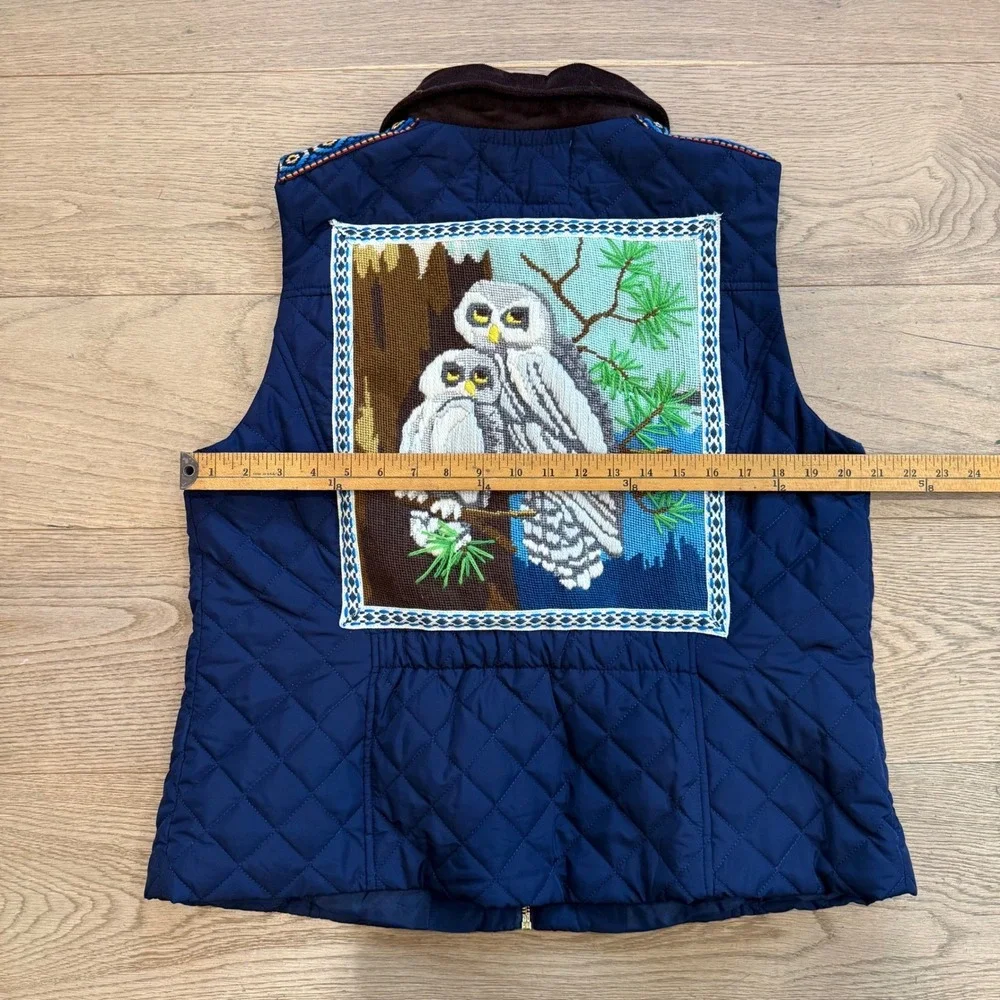 Lesal Upcycled Quilted Vest Navy Blue Vintage‎ Needlepoint Owl Bee Beaded M L